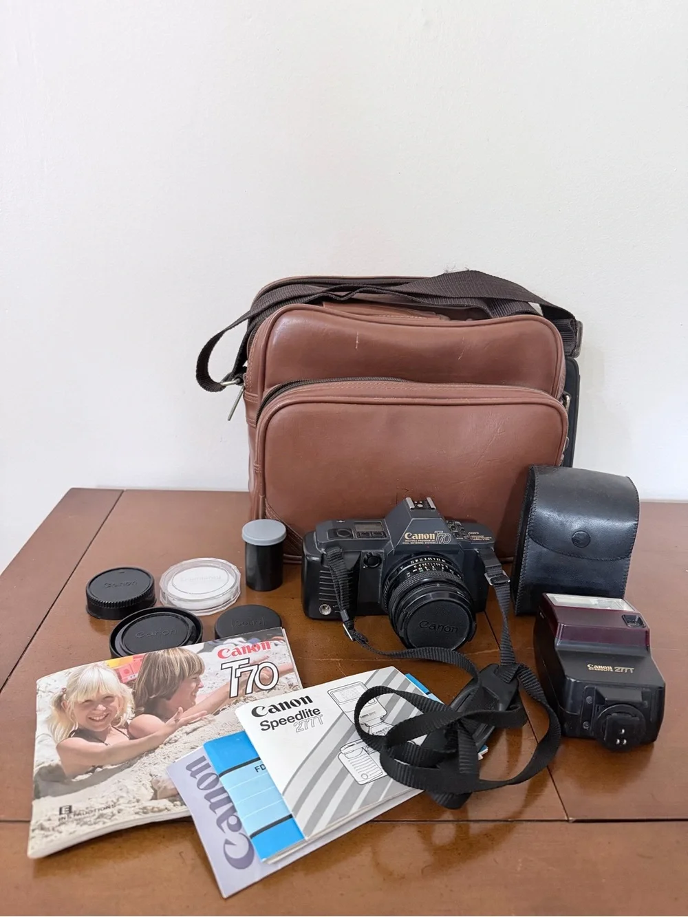 Vintage Canon T70 35mm SLR Film Camera 50mm Lens Flash Carry Bag Manual Tested